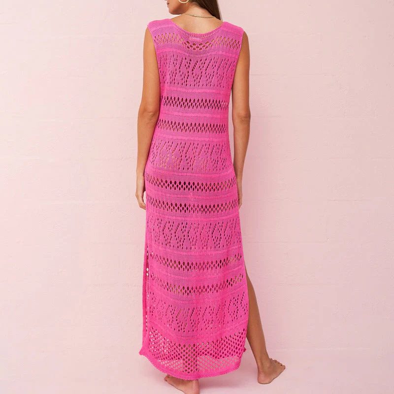 Women's Dress – Slim Fit Crocheted Knit – Sleeveless – Long Split – Openwork Design - Image 4