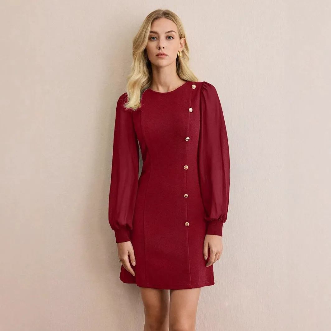Women's Dress – Slim Fit – Short Length – Sheer Sleeves – Asymmetrical Button Detail - Image 2