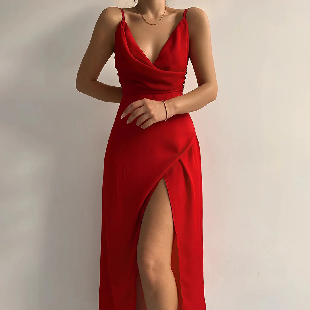 Women's Dress – Slim Fit – Luxury Shiny Fabric – Deep Neckline – High Slit – Long Model - Image 3
