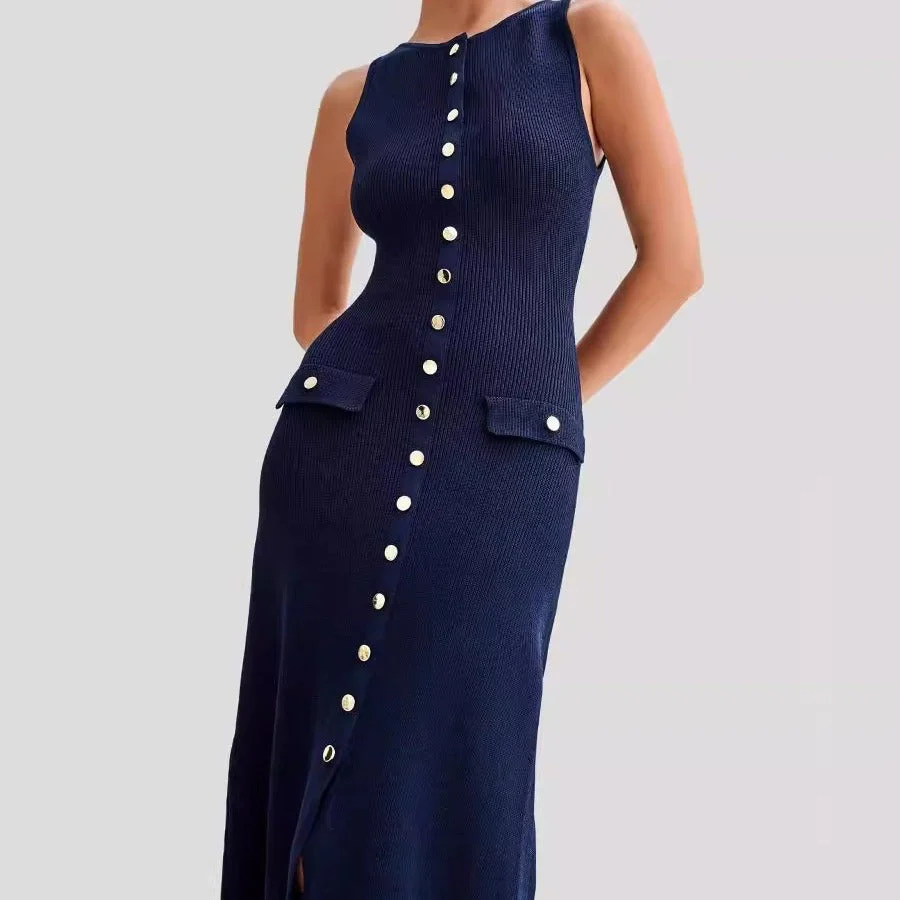 Women's Dress – Slim Fit – Sleeveless – Knee Length – Button Closure – Round Neck – Soft Knit - Image 2