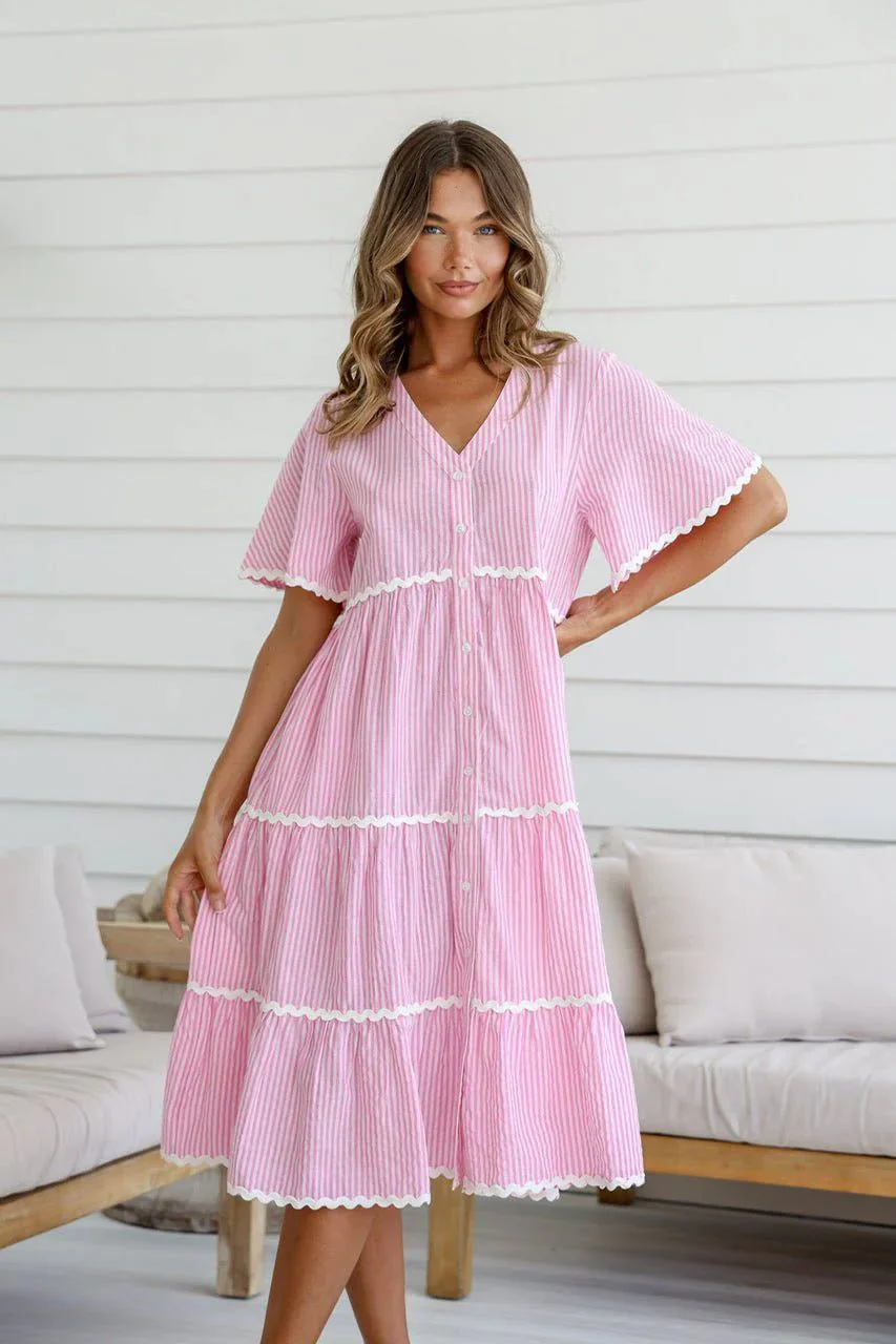 Ladies Dress – V-neck – Loose Fit – Cotton – Button Closure – Lace Details - Image 11