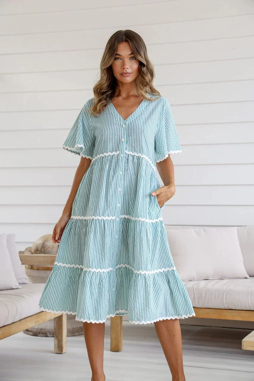 Ladies Dress – V-neck – Loose Fit – Cotton – Button Closure – Lace Details - Image 12