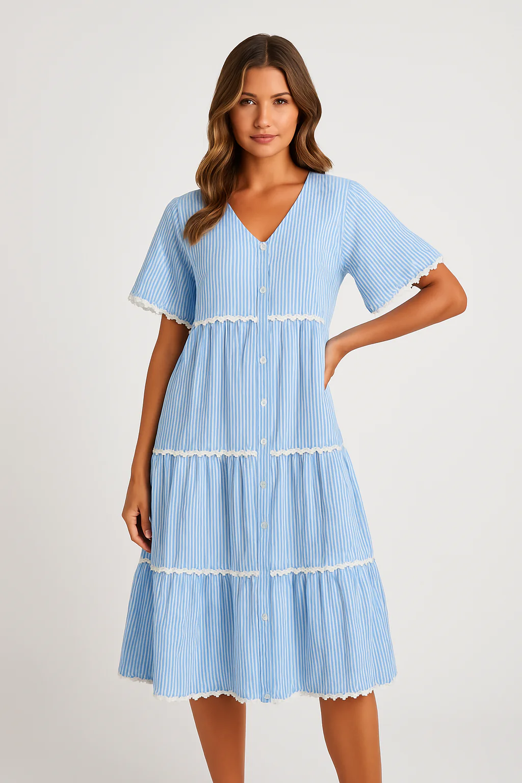 Ladies Dress – V-neck – Loose Fit – Cotton – Button Closure – Lace Details - Image 2