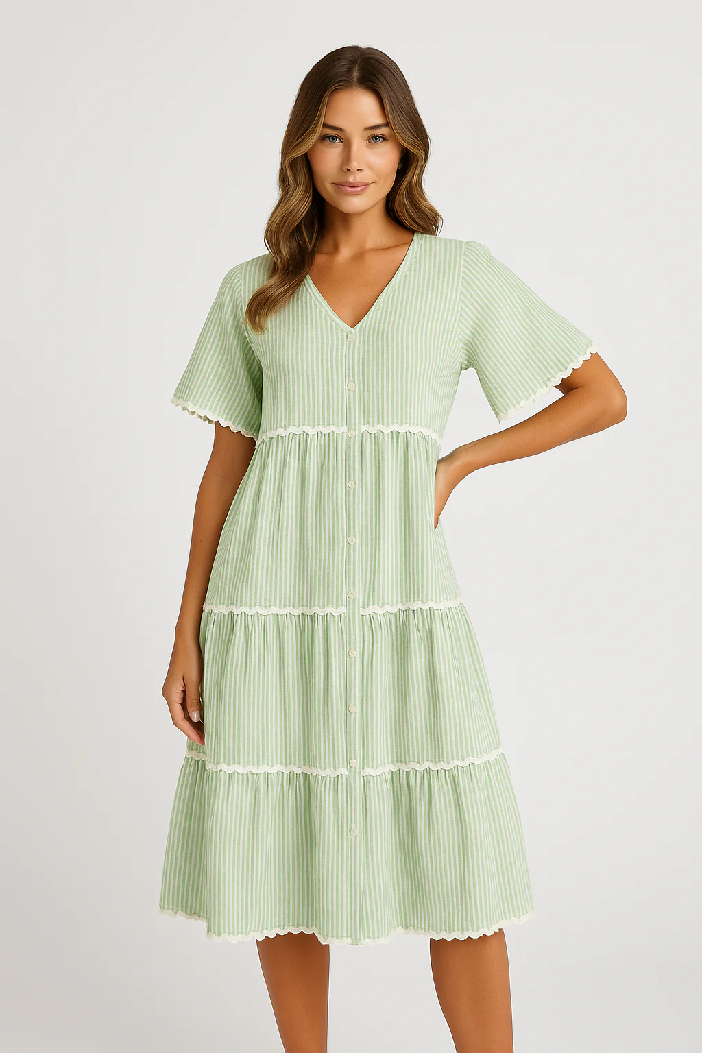 Ladies Dress – V-neck – Loose Fit – Cotton – Button Closure – Lace Details - Image 3
