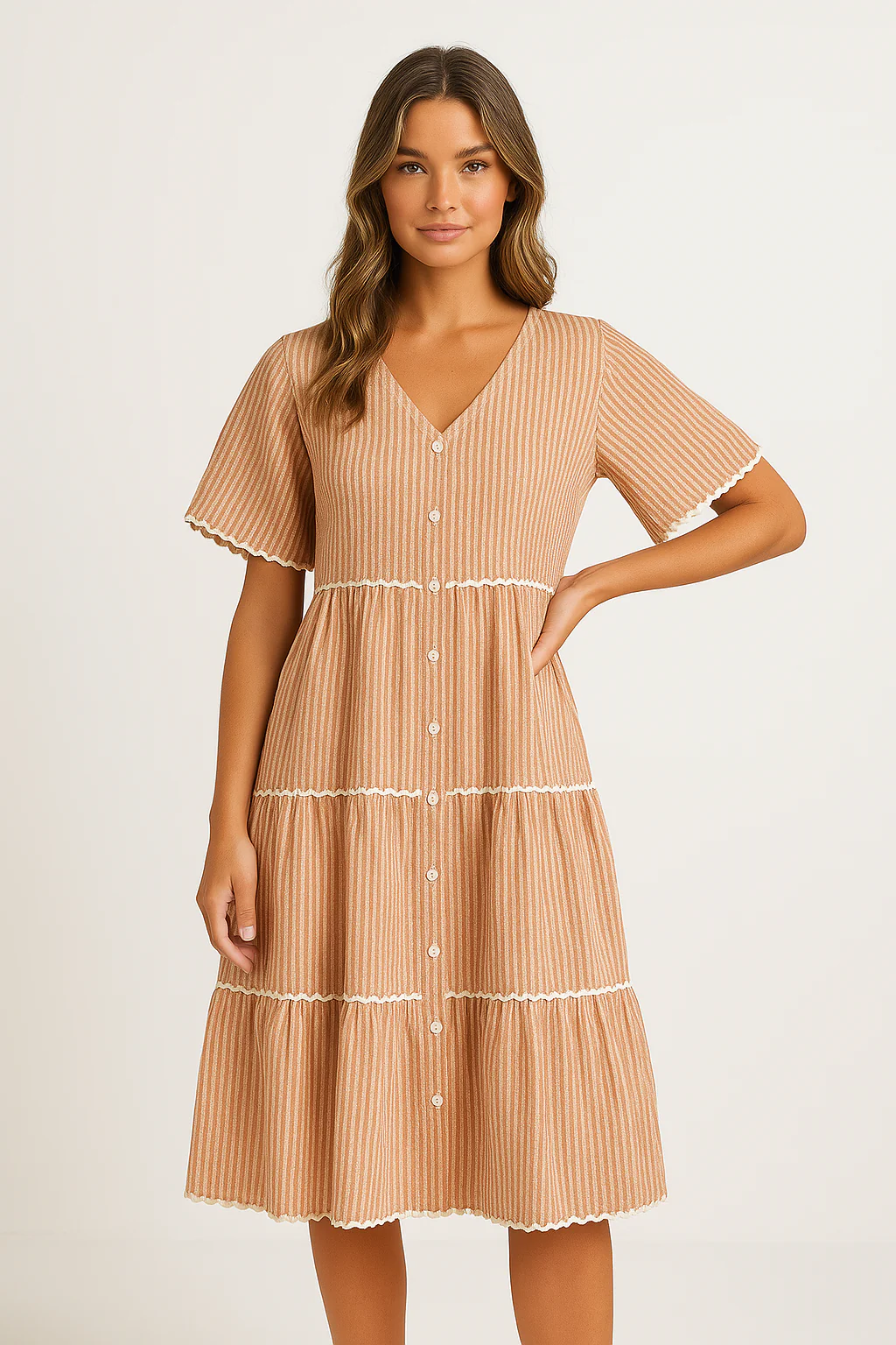 Ladies Dress – V-neck – Loose Fit – Cotton – Button Closure – Lace Details - Image 4