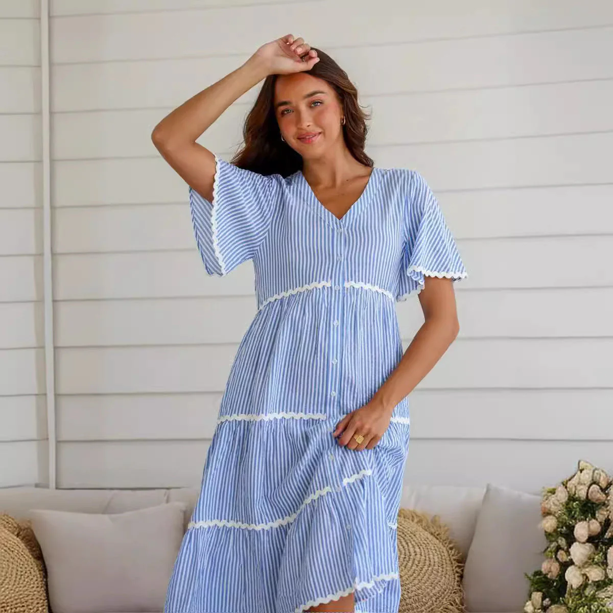 Ladies Dress – V-neck – Loose Fit – Cotton – Button Closure – Lace Details - Image 7