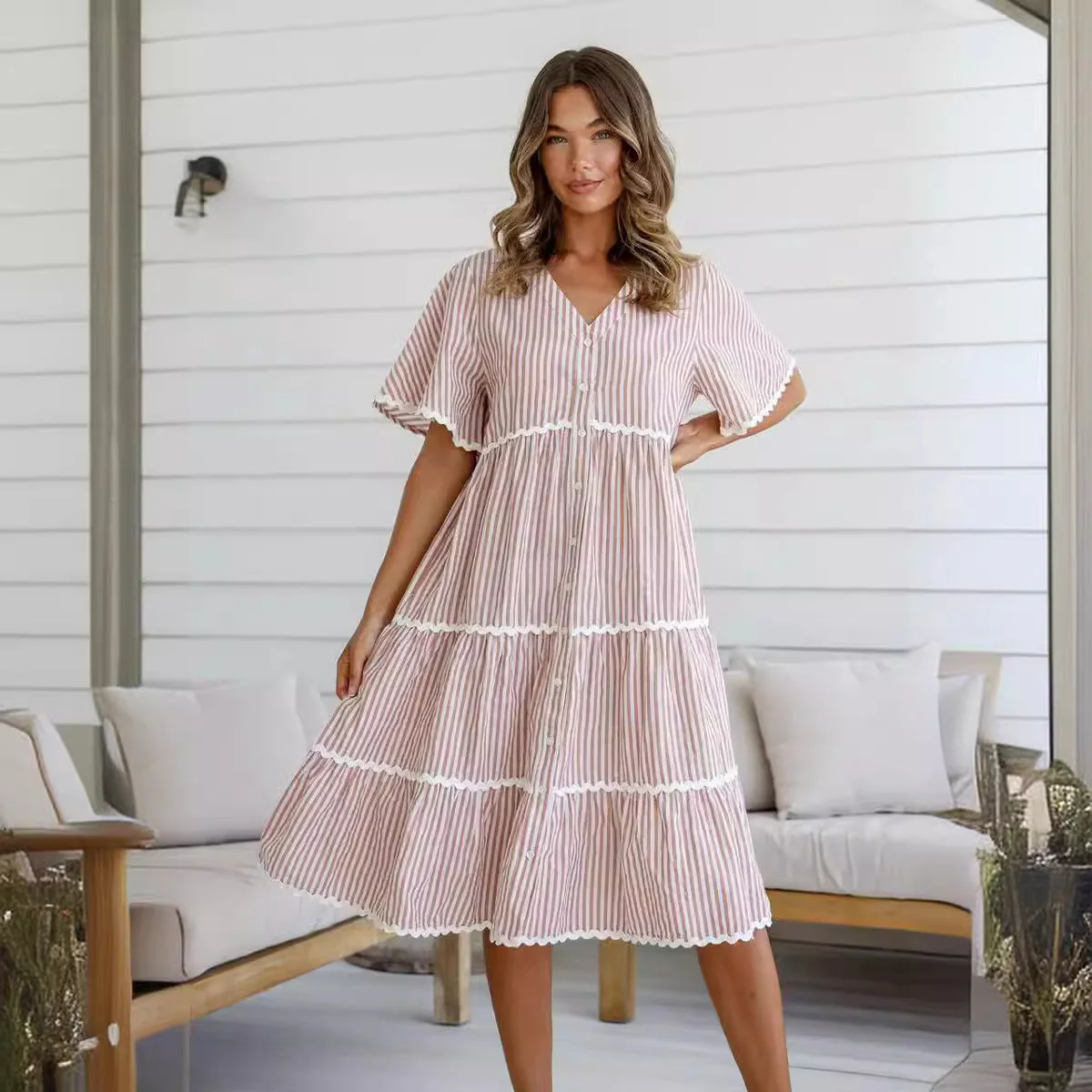 Ladies Dress – V-neck – Loose Fit – Cotton – Button Closure – Lace Details - Image 8