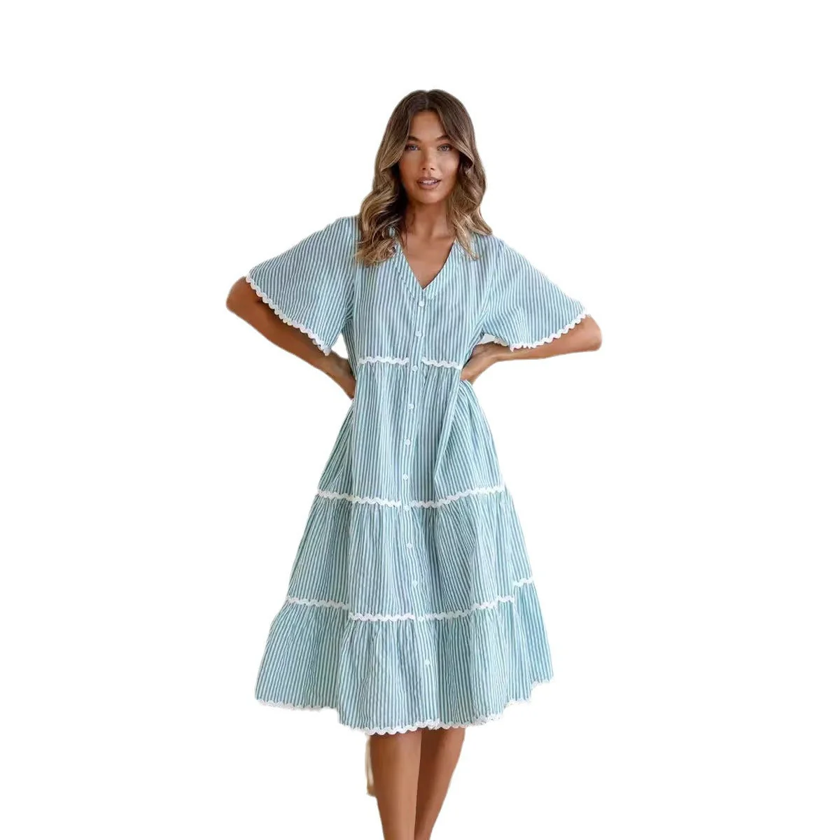 Ladies Dress – V-neck – Loose Fit – Cotton – Button Closure – Lace Details - Image 9