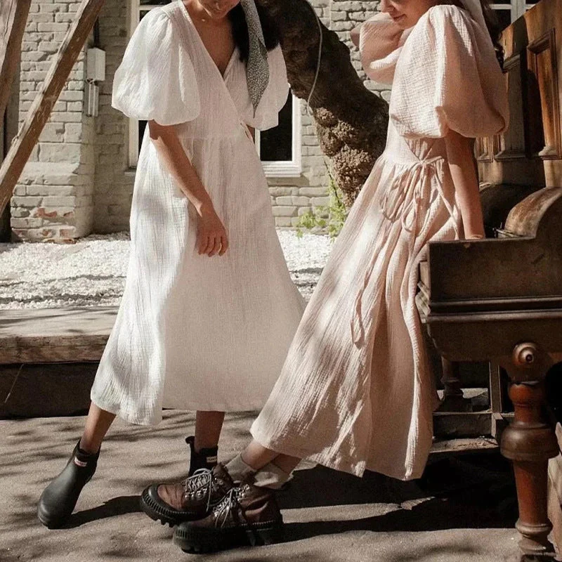 Ladies Dress – V-neck – Puff Sleeves – Soft Texture – Relaxed Fit – Midi Length - Image 2