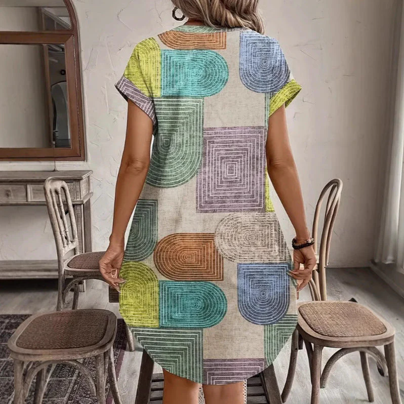 Women's Dress – V-neck – Relaxed Fit – Button Closure – Geometric Print – Breathable Material - Image 2