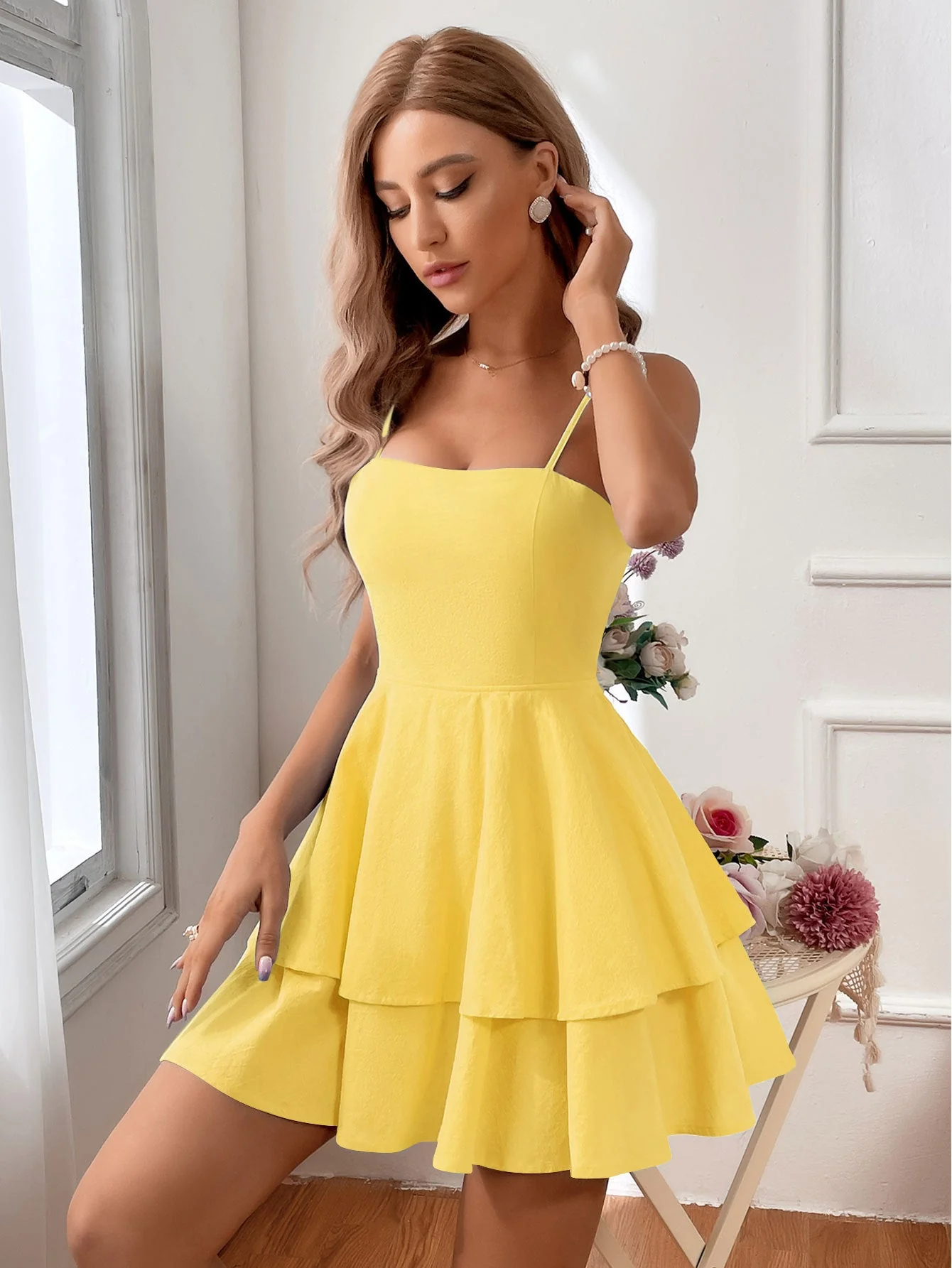 Women's Sleeveless Dress – Fitted Top – Backless – Layered Flared Mini Skirt - Image 7