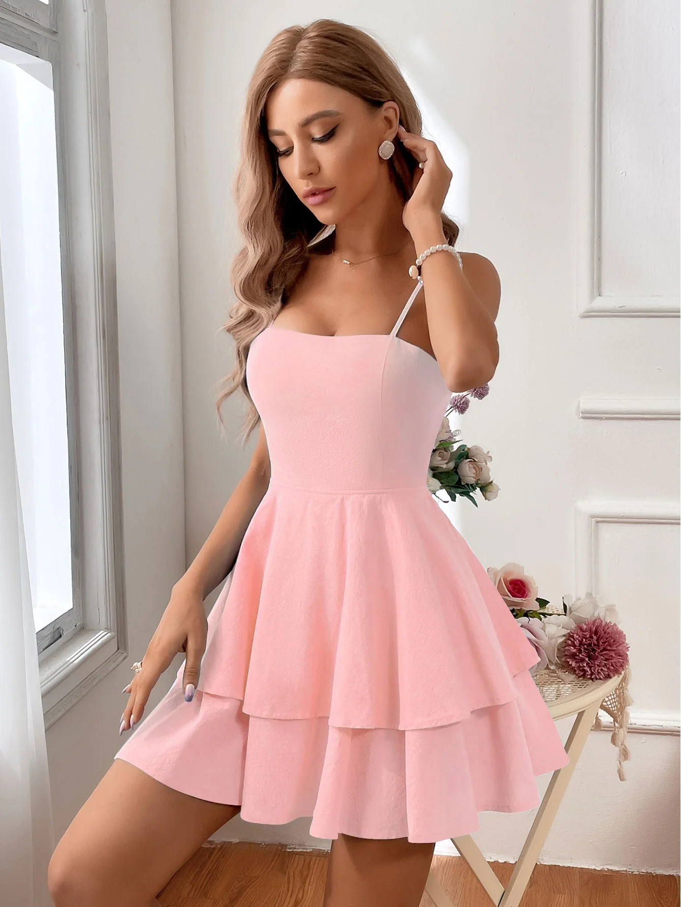 Women's Sleeveless Dress – Fitted Top – Backless – Layered Flared Mini Skirt - Image 8