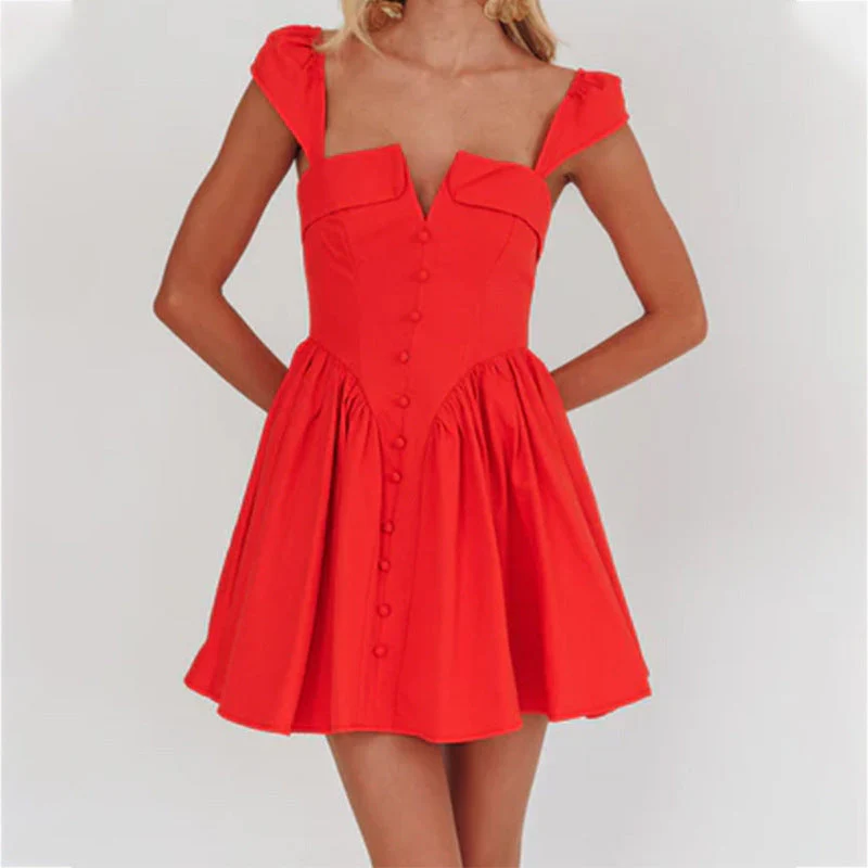 Ladies Dress Sleeveless – Mini Length – A-Line Pleated – Square Neck – Fitted Waist - Image 2