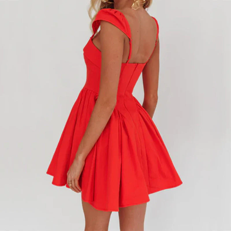 Ladies Dress Sleeveless – Mini Length – A-Line Pleated – Square Neck – Fitted Waist - Image 3