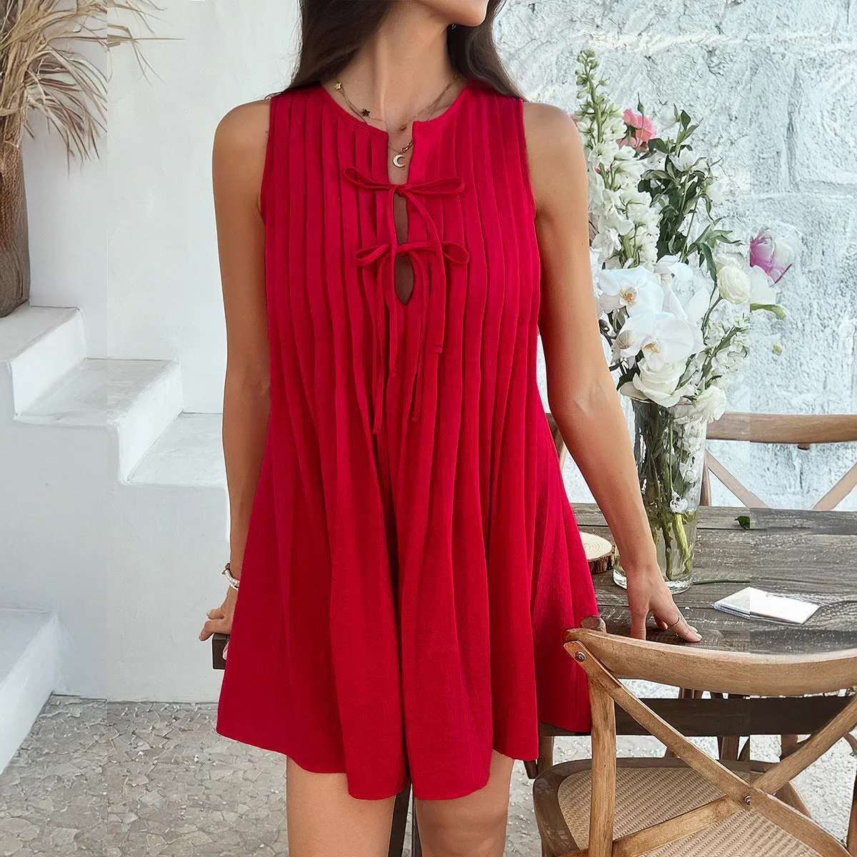 Ladies Dress Sleeveless – Relaxed Fit – Pleat Detail – Tie Closure – Above Knee - Image 2