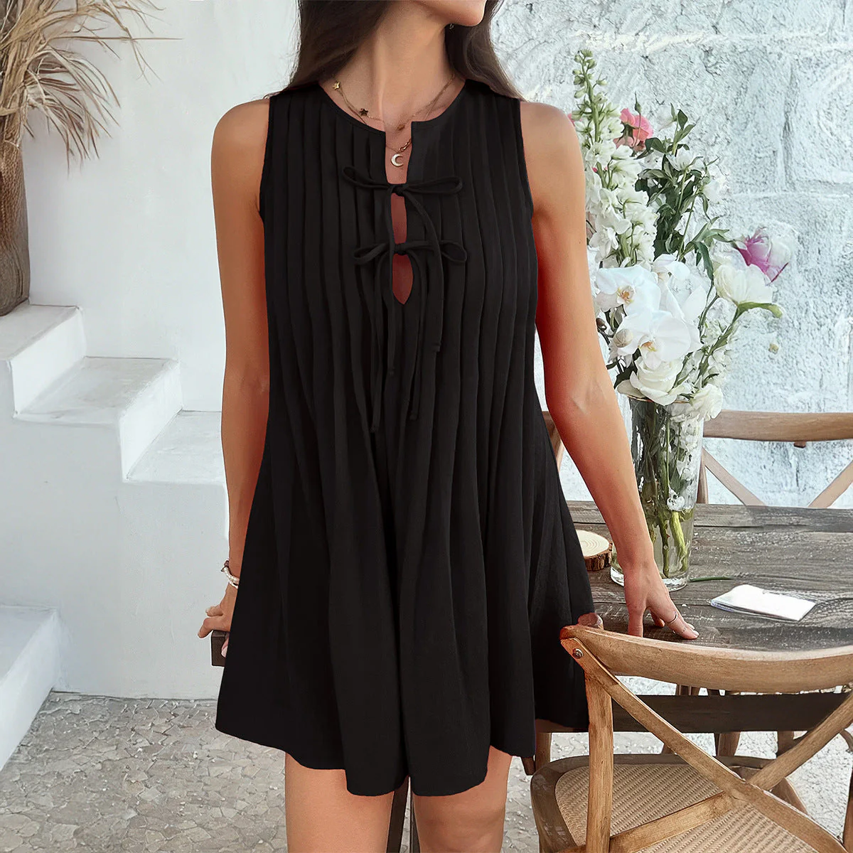 Ladies Dress Sleeveless – Relaxed Fit – Pleat Detail – Tie Closure – Above Knee - Image 5