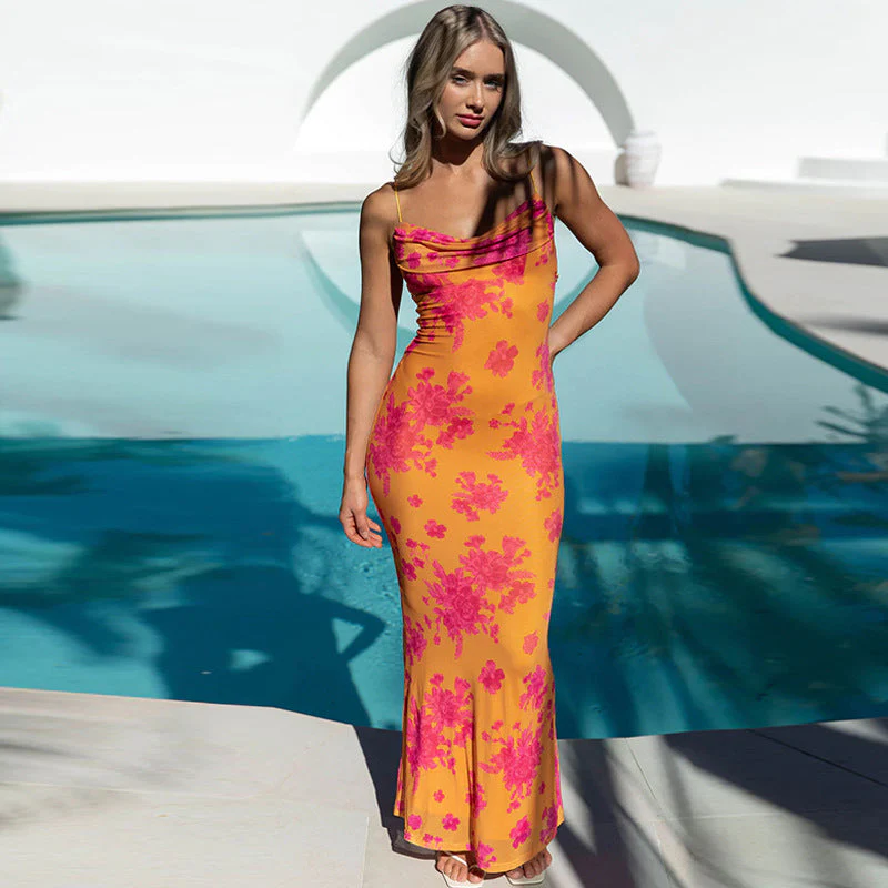 Women's Sleeveless Dress – Slim Fit – Cowl Neck – Open Back – Floral Print – Maxi - Image 3