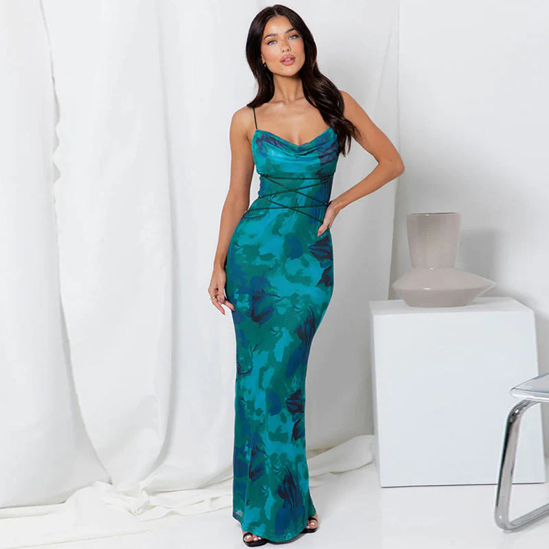 Women's Sleeveless Dress – Slim Fit – Cowl Neck – Open Back – Floral Print – Maxi - Image 4