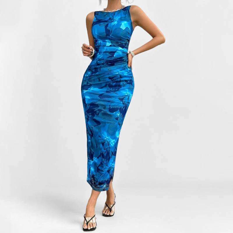Women's Sleeveless Dress – Slim Fit – Midi Length – Print – Side Slit – Elegant - Image 3