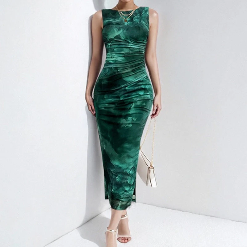 Women's Sleeveless Dress – Slim Fit – Midi Length – Print – Side Slit – Elegant - Image 4