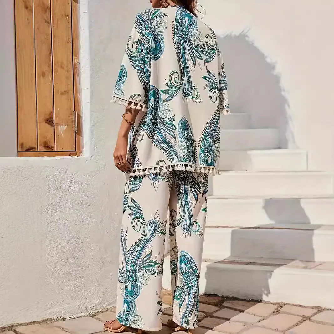 Ladies Kimono Set – Relaxed Fit – Wide Legs – Breathable – Tassel Hem – Print Ensemble - Image 2