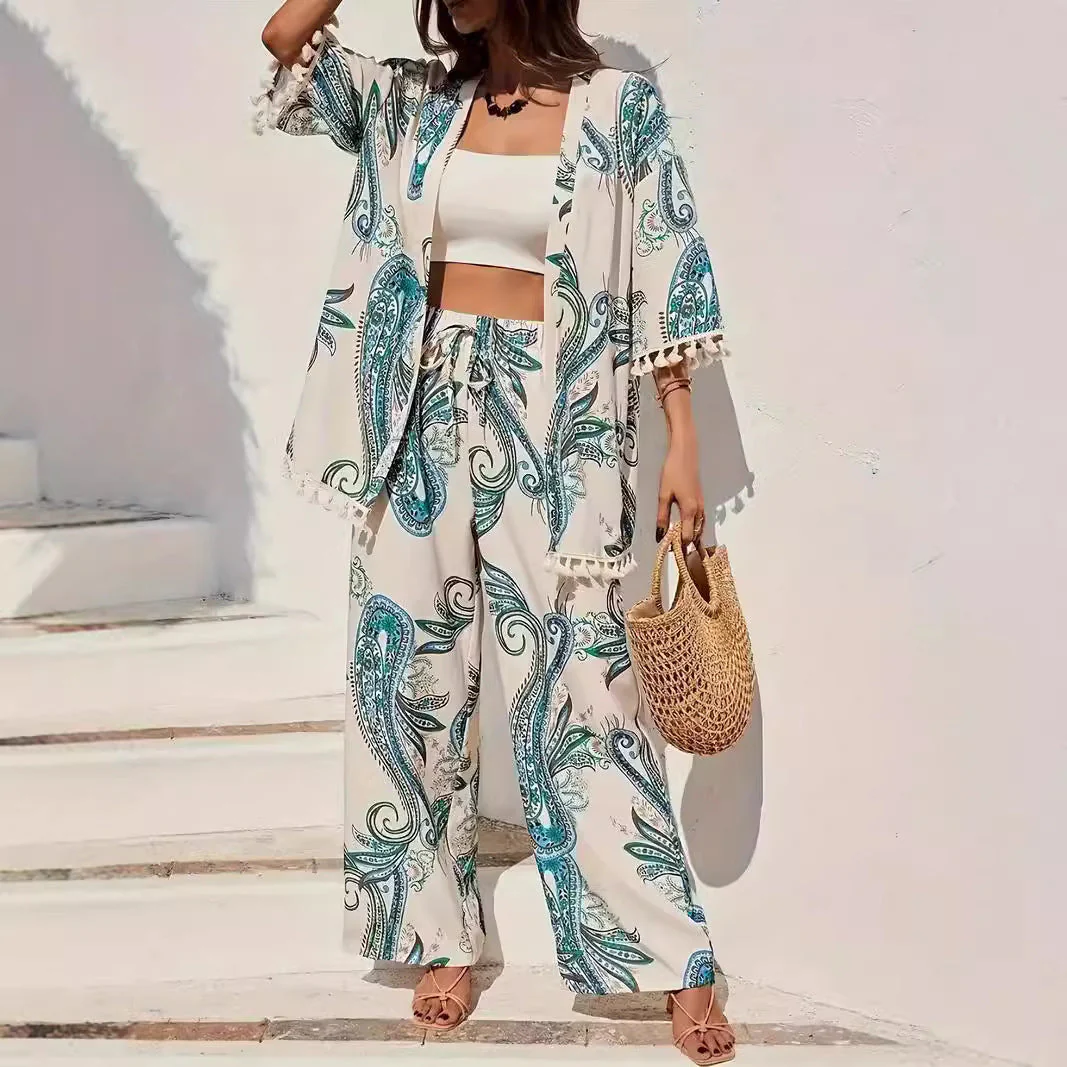 Ladies Kimono Set – Relaxed Fit – Wide Legs – Breathable – Tassel Hem – Print Ensemble - Image 3