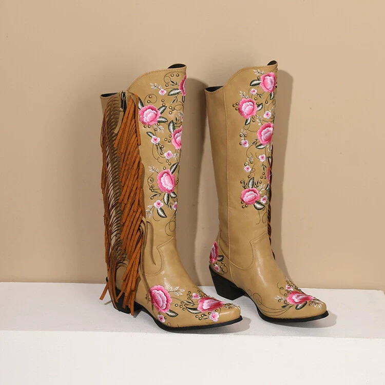 Women's Knee-High Boots – Embroidered – Studs – Fringes – Block Heel – Leather Look - Image 2