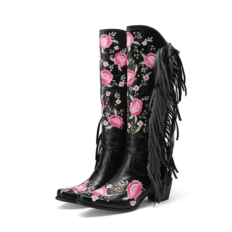 Women's Knee-High Boots – Embroidered – Studs – Fringes – Block Heel – Leather Look - Image 3