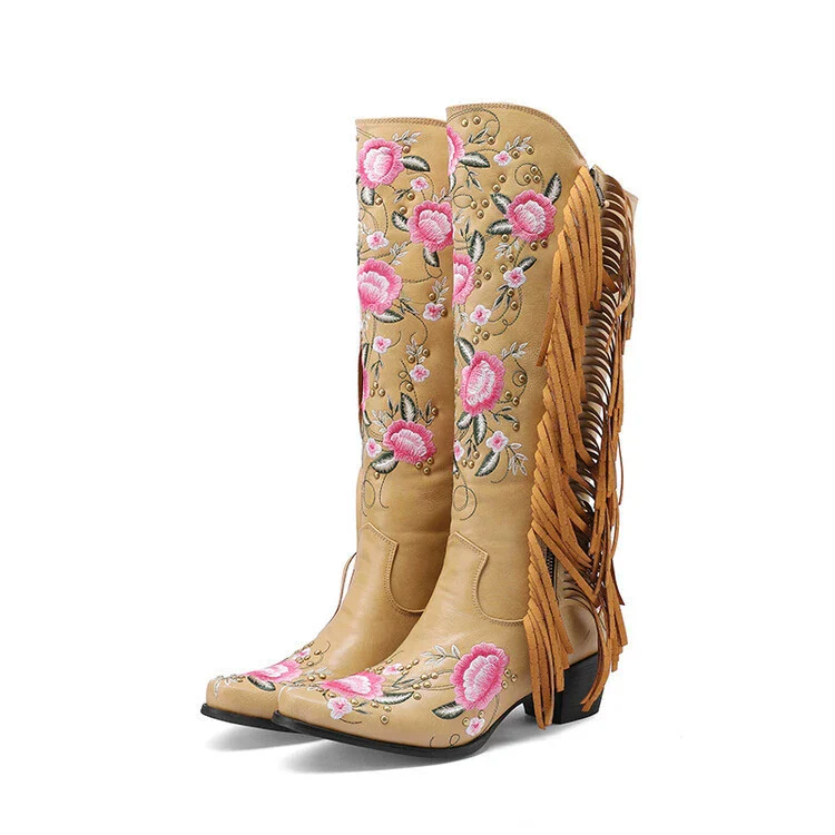 Women's Knee-High Boots – Embroidered – Studs – Fringes – Block Heel – Leather Look - Image 4