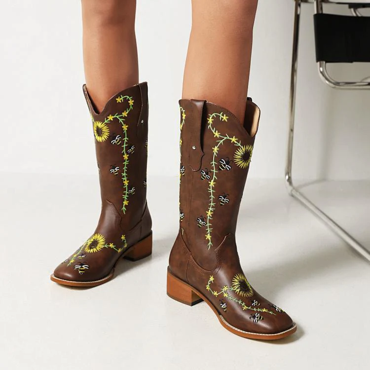 Women's Knee-High Boots – Embroidered – Western Style – Square Toe – Low Heel - Image 2
