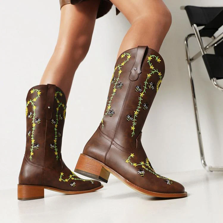 Women's Knee-High Boots – Embroidered – Western Style – Square Toe – Low Heel - Image 3