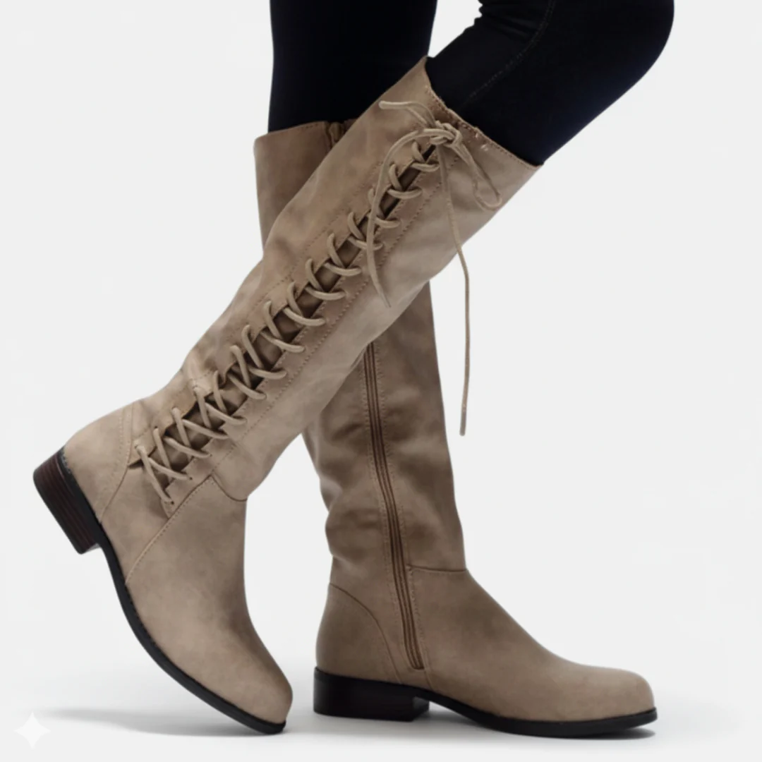 Ladies knee-high boots – Leather-look – Lace-up – Side zip – Low heel - Image 2