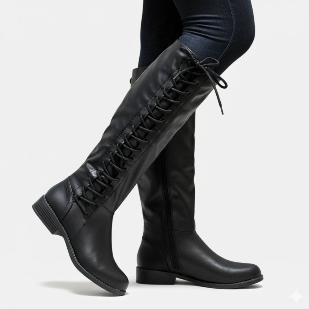 Ladies knee-high boots – Leather-look – Lace-up – Side zip – Low heel - Image 3