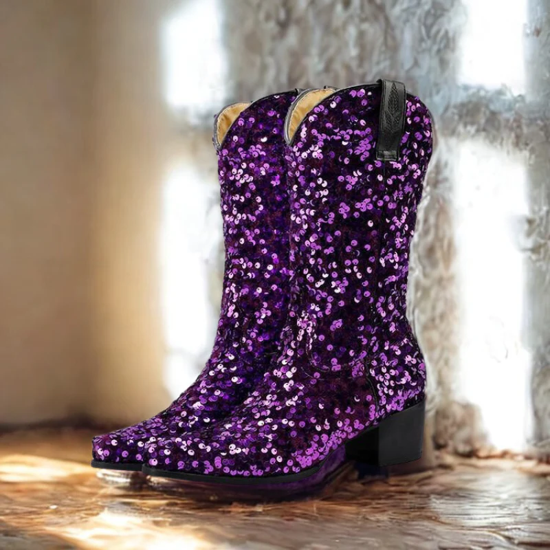 Women's knee-high boots – Sequin finish – Pointed toe – Block heel – Slip-on model - Image 2