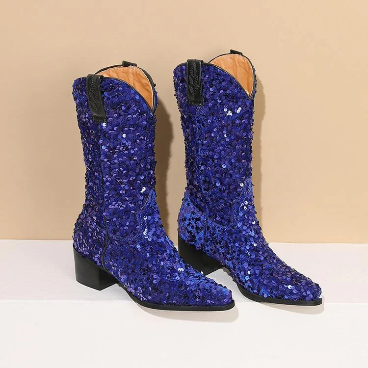 Women's knee-high boots – Sequin finish – Pointed toe – Block heel – Slip-on model - Image 3