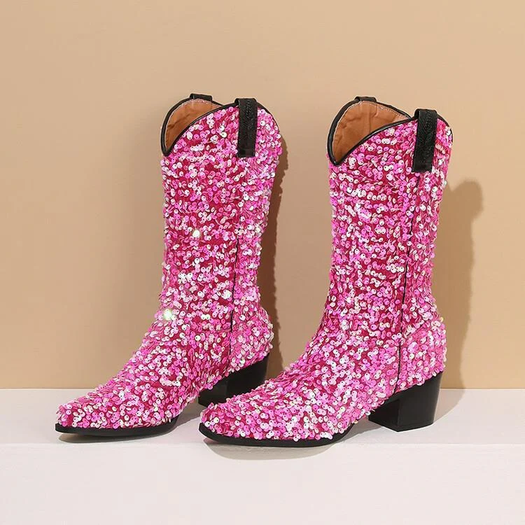 Women's knee-high boots – Sequin finish – Pointed toe – Block heel – Slip-on model - Image 4