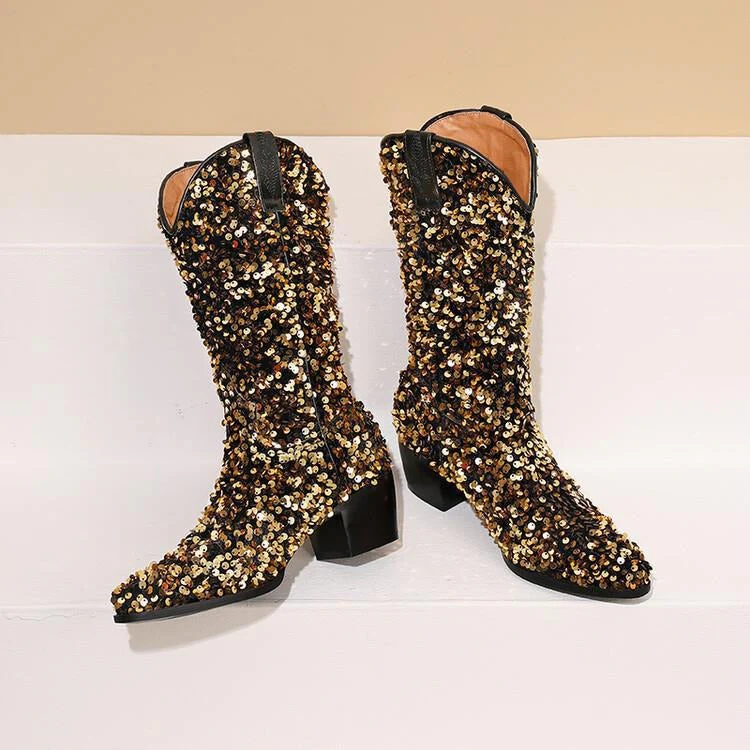 Women's knee-high boots – Sequin finish – Pointed toe – Block heel – Slip-on model - Image 5