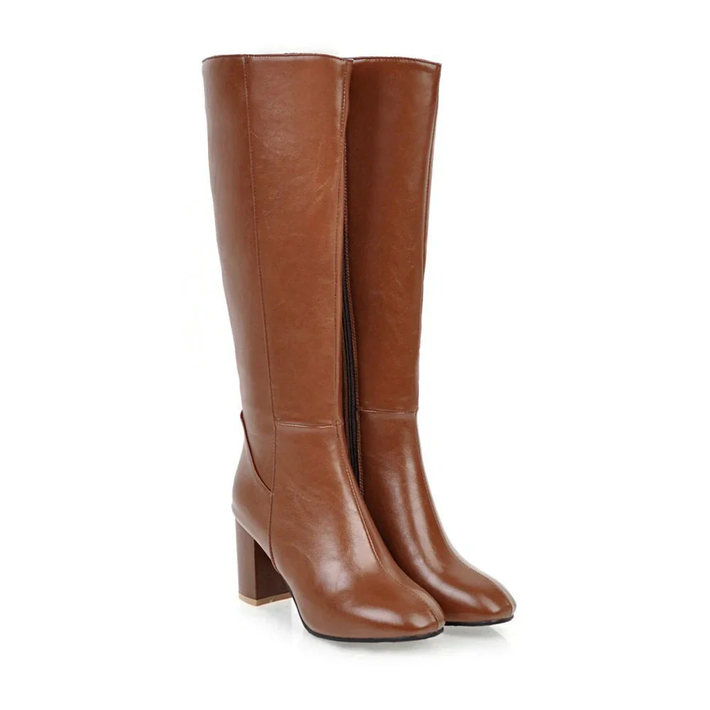 Women's Knee-High Boots – Vegan Leather – Square Toe – Block Heel – Side Zip Elegant Fit - Image 3