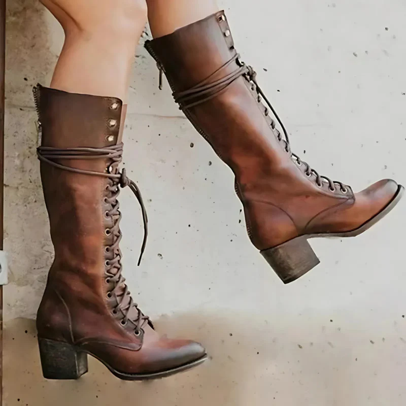 Ladies Knee-High Lace-Up Shoes – Leather-Look – Block Heel – Round Toe – Back Zipper - Image 2