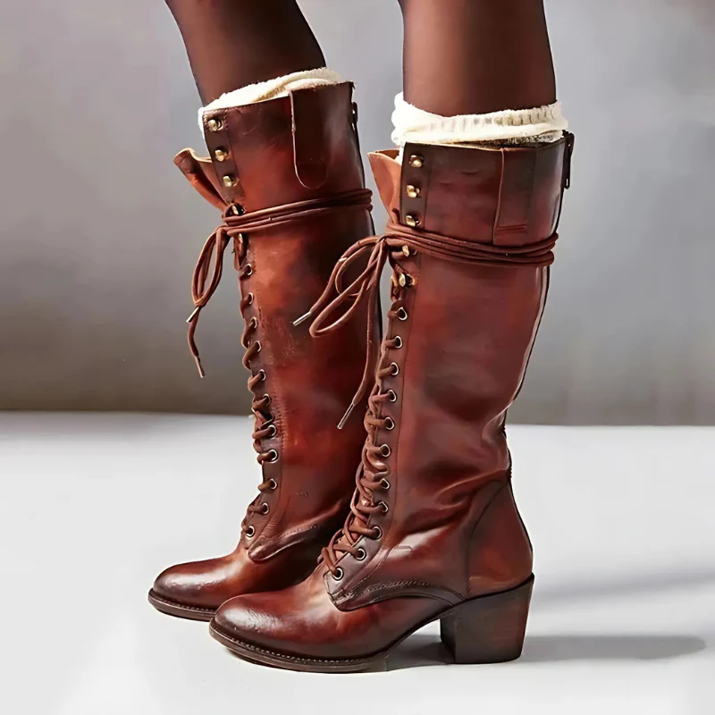 Ladies Knee-High Lace-Up Shoes – Leather-Look – Block Heel – Round Toe – Back Zipper - Image 3