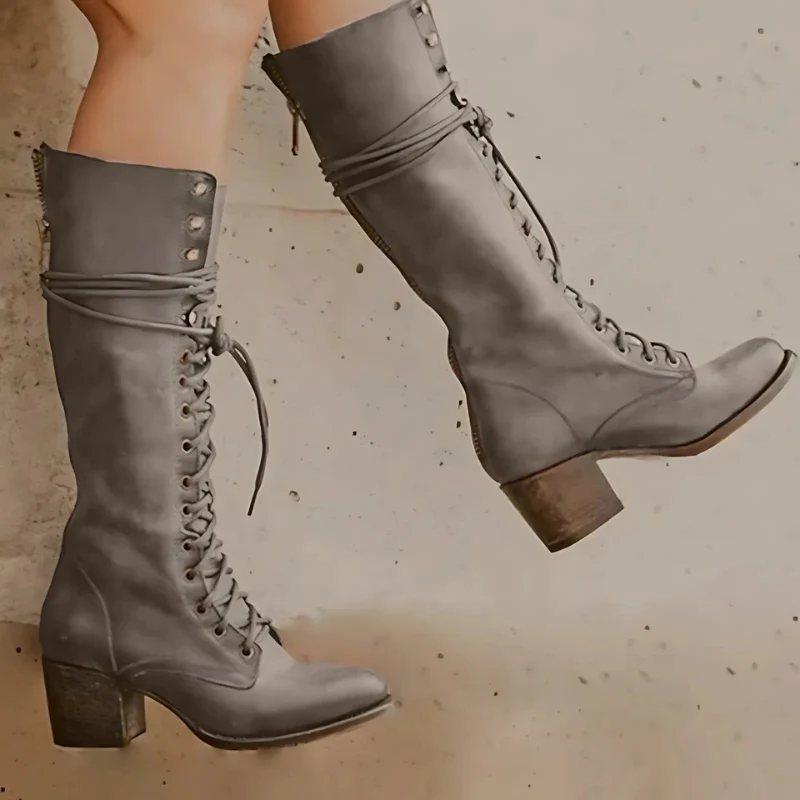 Ladies Knee-High Lace-Up Shoes – Leather-Look – Block Heel – Round Toe – Back Zipper - Image 4