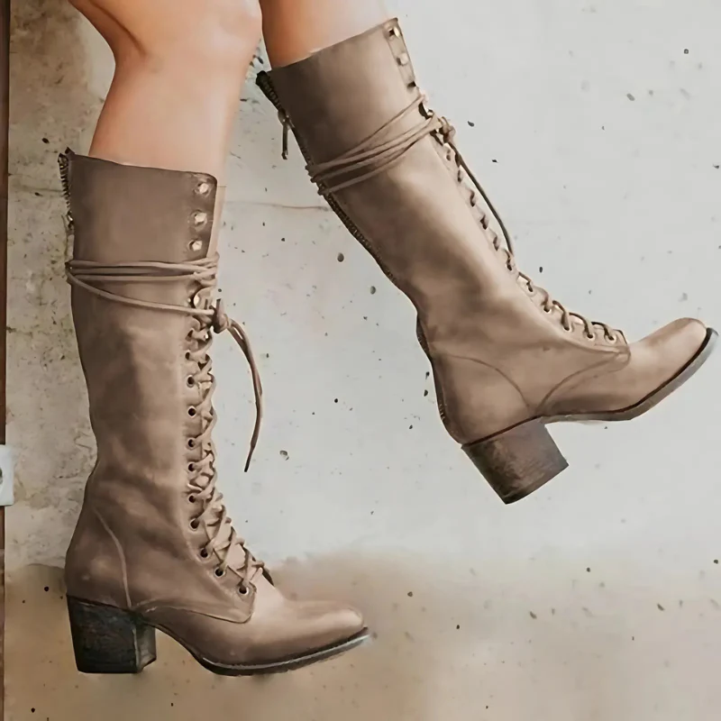 Ladies Knee-High Lace-Up Shoes – Leather-Look – Block Heel – Round Toe – Back Zipper - Image 5