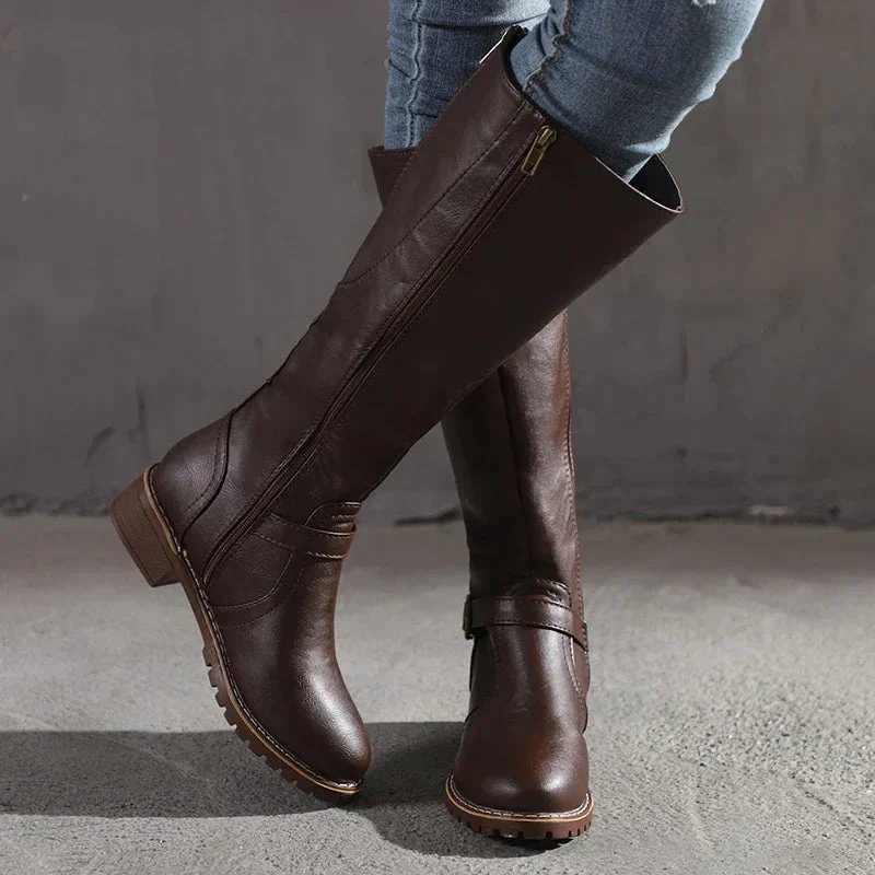 Women's knee-high boots – Slim fit – Buckle closure – Leather-like finish – Tread sole - Image 2