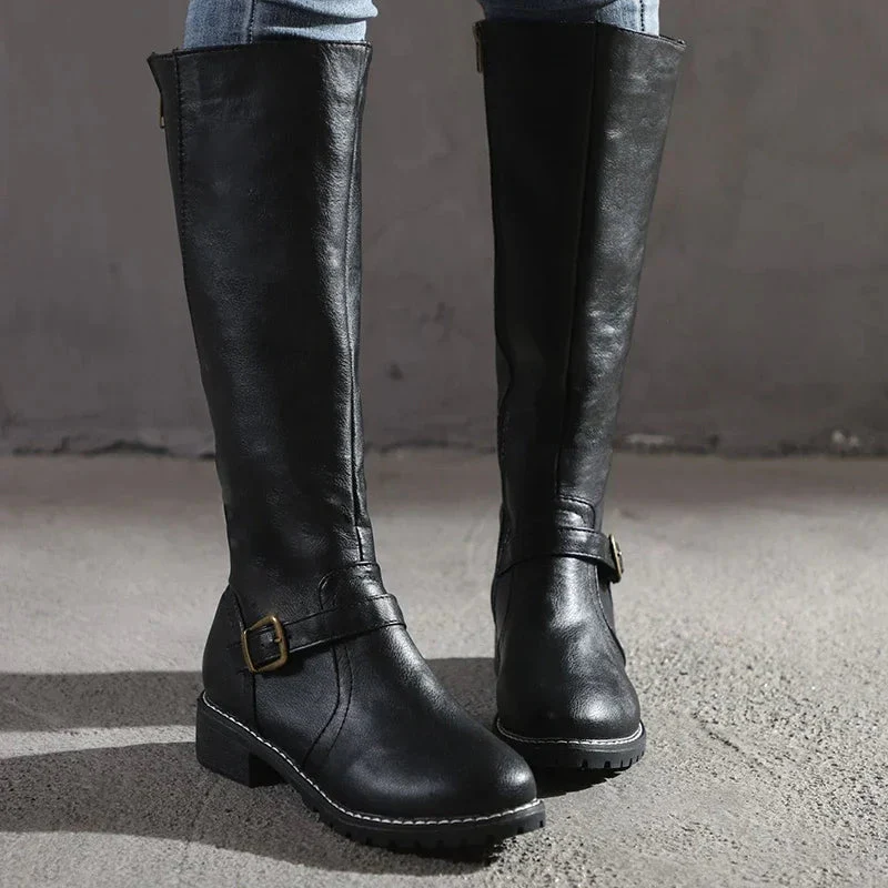 Women's knee-high boots – Slim fit – Buckle closure – Leather-like finish – Tread sole - Image 3