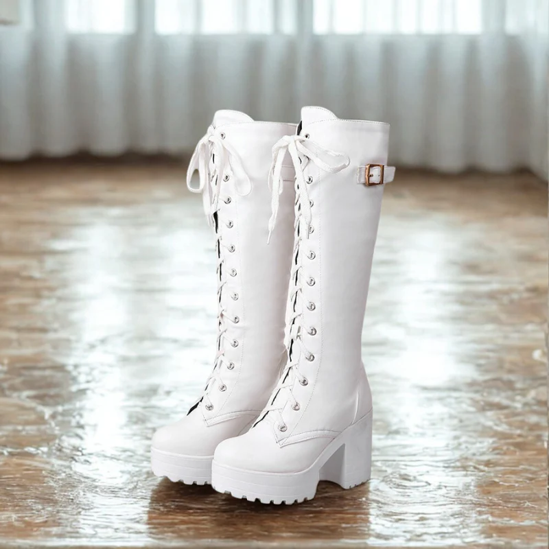 Women's knee boots – Slim fit – Lace-up closure – Platform sole – Block heel – Profile sole - Image 3
