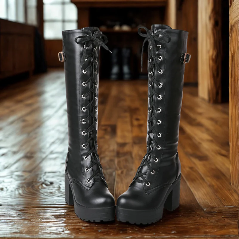 Women's knee boots – Slim fit – Lace-up closure – Platform sole – Block heel – Profile sole - Image 4