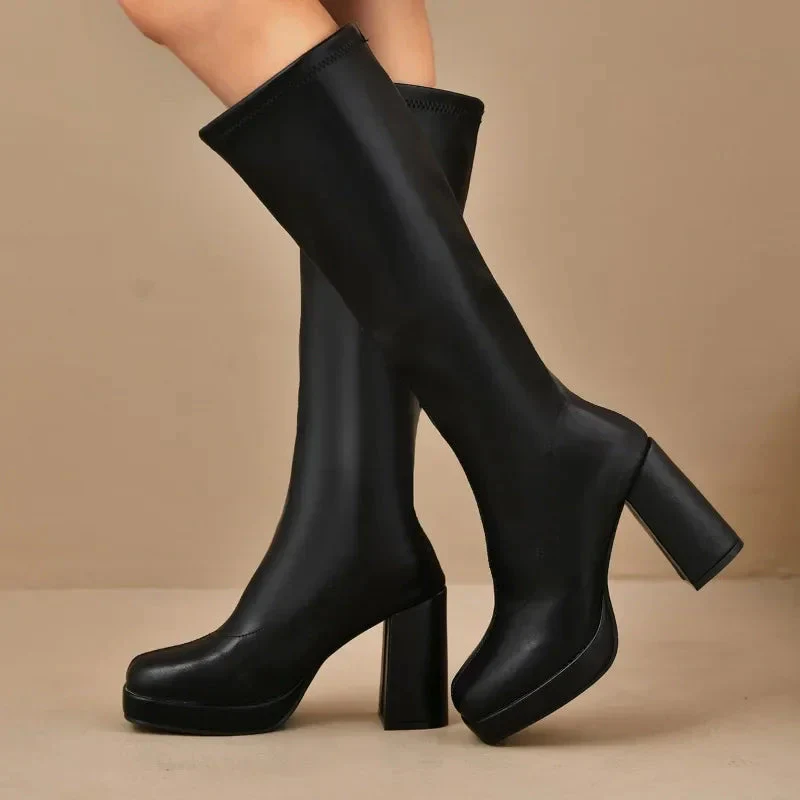 Ladies knee boots – Stretch fit – Platform sole – Block heel – Square toe - Image 2