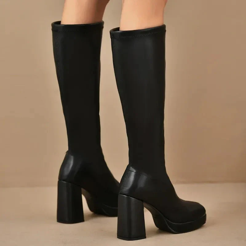 Ladies knee boots – Stretch fit – Platform sole – Block heel – Square toe - Image 3
