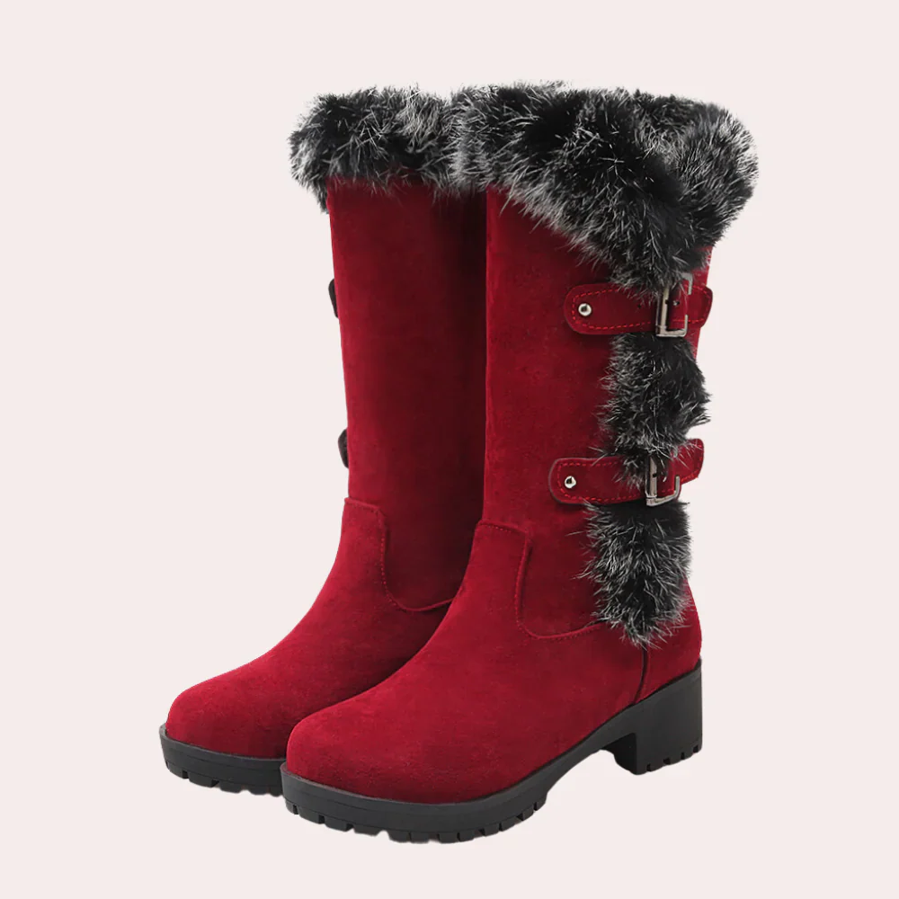 Women's knee boots – Suede look – Faux fur finish – Buckle closure – Sturdy tread sole - Image 3