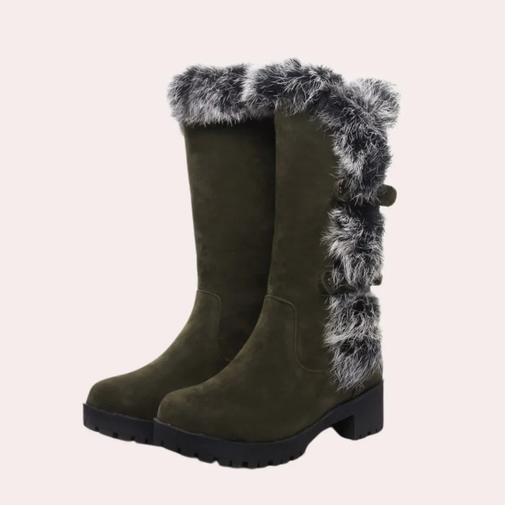 Women's knee boots – Suede look – Faux fur finish – Buckle closure – Sturdy tread sole - Image 4